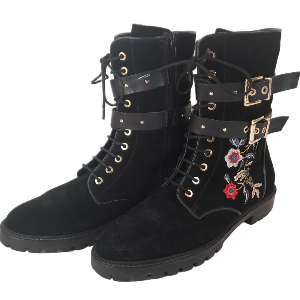 Women's Stradivarius Black Faux Suede Floral Embroidered Ankle Boots Size 8.5/39